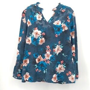 3/$25 Elle Size L Blue with Floral Print Semi Sheer Top with Camisole Underneath